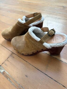 Sezane suede shearling lined sling back mules